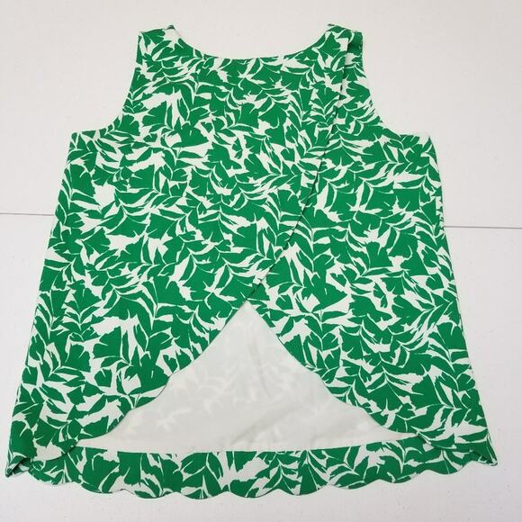 J. Crew Green  White Leaf Pattern Scallop Hem   Lined Drape Split Back Top XXS - Picture 3 of 7